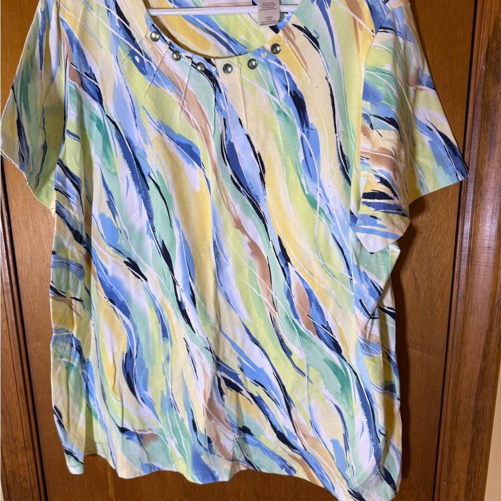 Alfred Dunner Multicolor Swirl Blouse with Embellished Neckline